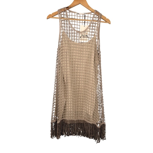 Zara Dresses & Skirts - Zara Crochet Dress Womens Small Tan Limited Edition Beaded Fringe Mini 0881/406